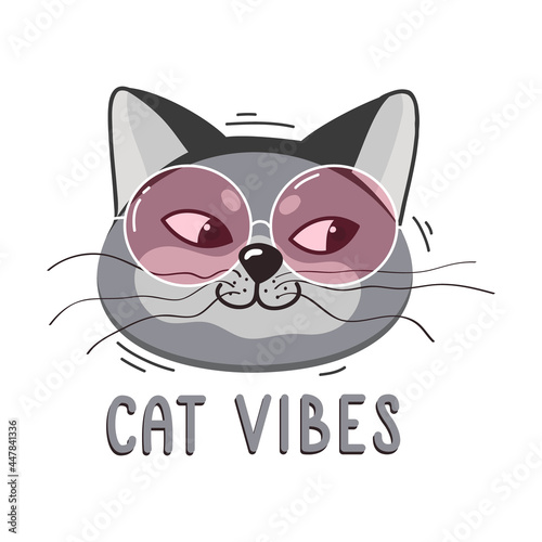 Cute cat in rose-colored glasses with the inscription "Cat vibes". Cat love concept, greeting card design. World Cat Day. Vector illustration of the character, isolated on a white background.