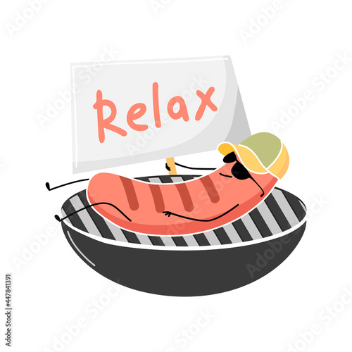 The sausage with glasses and cap on the grill is holding a poster that reads 