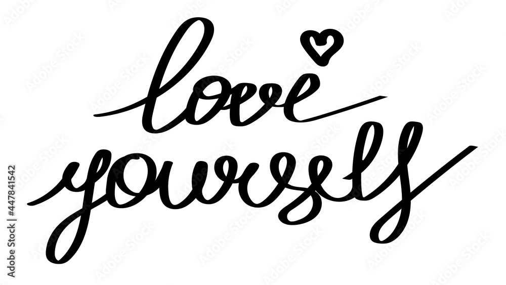 Inscription in English LOVE YOURSELF. The slogan is acceptance and self confidence. Quote about mental health care. Overcome personal and psychological problems. Vector illustration. Inscription in English LOVE YOURSELF. The slogan is acceptance and self confidence. Quote about mental health care. Overcome personal and psychological problems. Vector illustration.