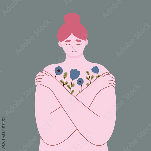 Young woman lovingly hugs herself and her body. Love yourself and overcome personal and psychological problems. Self love and self confidence and care. Mental health, confidence. Vector illustration.