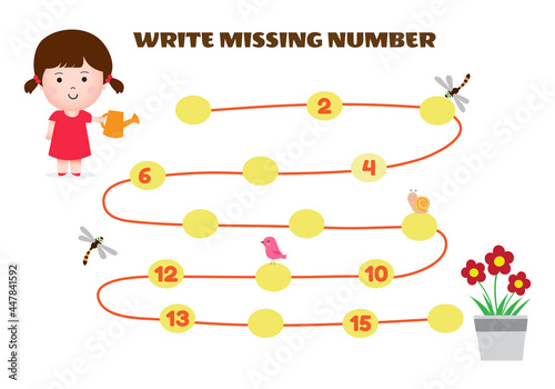 Write Missing Number Math Game For Kid. Help the Girl find road to Flower