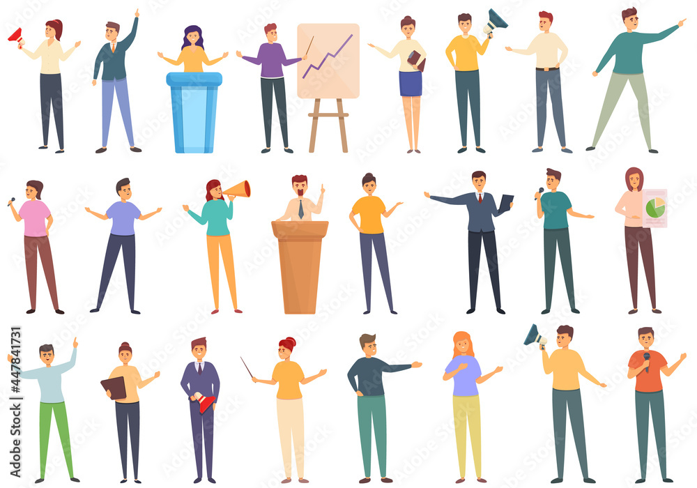 Motivational speaker icons set cartoon vector. Human discussion. Speech seminar Motivational speaker icons set cartoon vector. Human discussion. Speech seminar