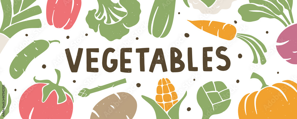 Plakat Vegetable background. Header or banner with healthy food, organic food, diet, vegetarianism and vitamins symbols. Vector flat hand drawn illustration