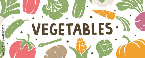 Vegetable background. Header or banner with healthy food, organic food, diet, vegetarianism and vitamins symbols. Vector flat hand drawn illustration