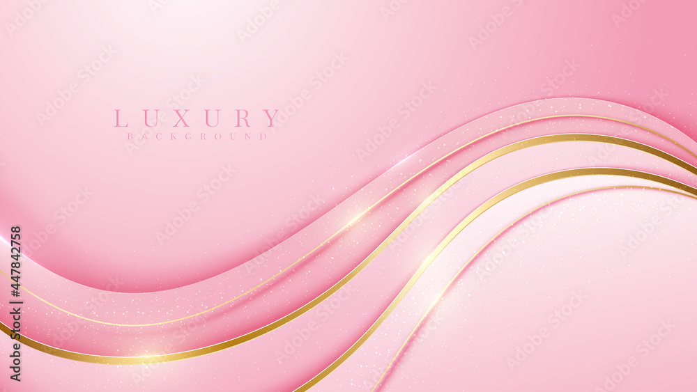 Pink background with luxury sparkle golden curve, 3d style, modern cover design. vector illustration.