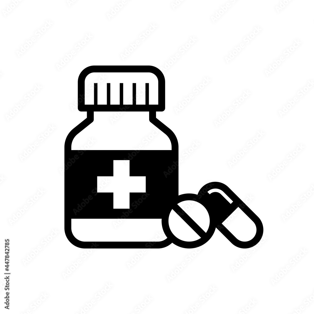 Medicine bottle and pills icon, Medicament sign, Health and medical concept, Isolated on white background, Vector illustration Medicine bottle and pills icon, Medicament sign, Health and medical concept, Isolated on white background, Vector illustration