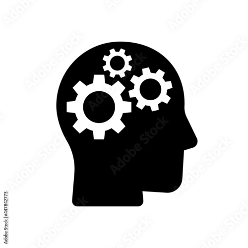 Human head gears tech logo, Cogwheel engineering technological inside brain, Artificial intelligence, Simple flat design icon symbol, Isolated on white background, Vector illustration photo