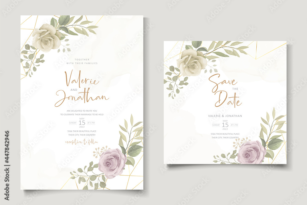 Soft floral and leaves wedding invitation card design