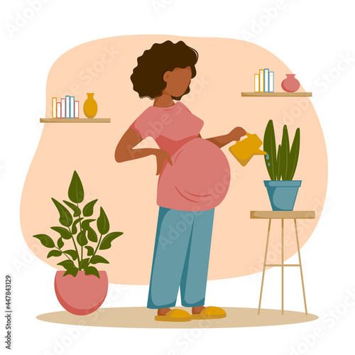 Pretty pregnant woman watering plant in the room. Vector illustration. Flat design.