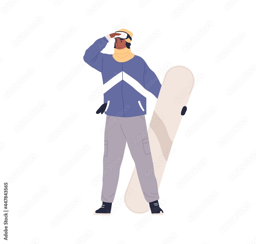Snowboarder standing with snowboard in hand. Person wearing sporty equipment and holding snow board. Dark-skinned woman in sports winter outfit. Flat vector illustration isolated on white background Snowboarder standing with snowboard in hand. Person wearing sporty equipment and holding snow board. Dark-skinned woman in sports winter outfit. Flat vector illustration isolated on white background