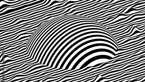 Striped abstract background. A sphere floating on a wavy surface.