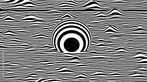 Striped abstract background. A sphere floating on a wavy surface.