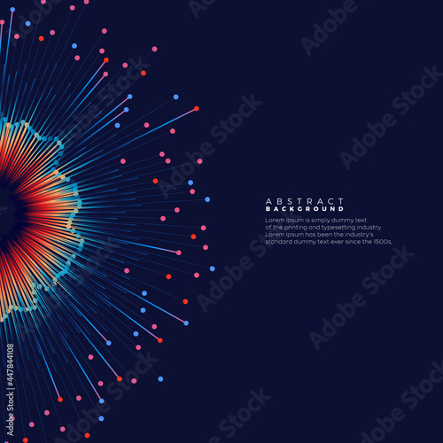 Evolution of data. Vector explosion motion dot lines background. Small particles strive out of center. vector illustration use for quantum technology, digital, science, music, communication.
