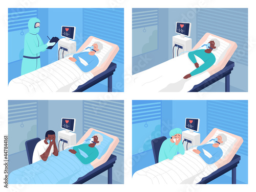 Intensive care unit in hospital flat color vector illustrations set. Coronavirus hospitalization. Life support for ill patients 2D cartoon characters collection with hospital room on background
