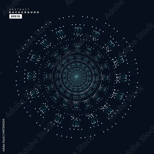 Abstract vector explosion dots line equalizer circular shape isolated technology background. Big data algorithms visualization. Vector illustration in concept of technology, quantum science.