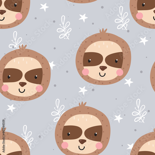 seamless pattern with cute doodle sloth print photo