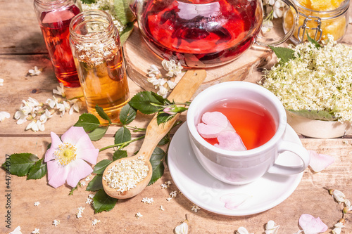 Assorted tea made from flowers. Fresh elderberry, rose hip, and acacia.