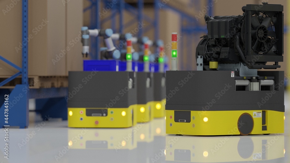 Factory 4.0 concept: The AGV (Automated guided vehicle) is carrying engine in smart factory. 3D illustration Factory 4.0 concept: The AGV (Automated guided vehicle) is carrying engine in smart factory. 3D illustration