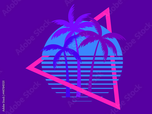 Retro sci-fi 80s palms at sunset in triangular frame. Blue retro futuristic sun with violet palm trees. Synthwave and retrowave style. Design for banner and poster. Vector illustration