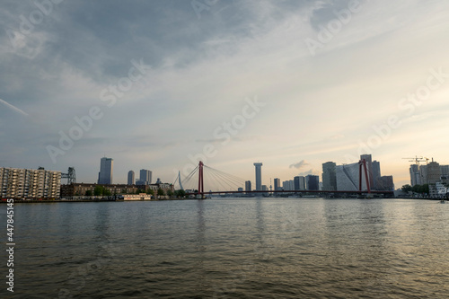 City of Rotterdam downtown skyline at dusk in South Holland, Netherlands, Erasmus Bridge