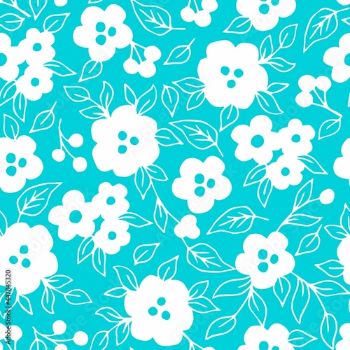 Simple calm hand-drawn floral vector seamless pattern. White flowers on a light blue background. For fabric prints, textile products, home decor, apparel, stationery.