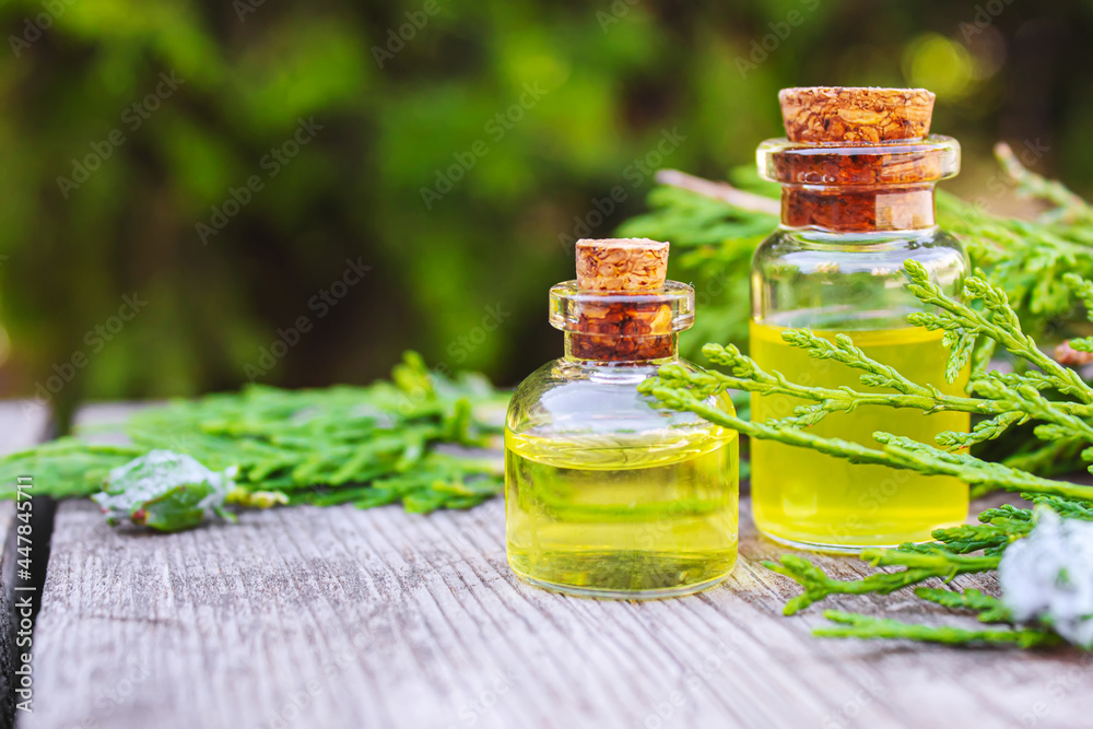 Juniper essential oil in a small bottle. Selective focus. Juniper essential oil in a small bottle. Selective focus.