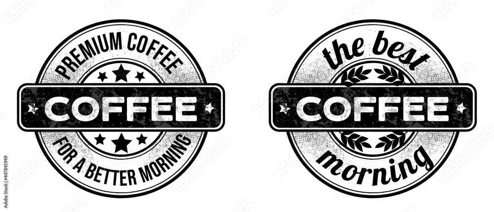 black stamps with scuffs with the inscription premium coffee for a better morning and coffe-the best morning. Lettering about coffee, popular phrases for print or digital. stamp isolated on wite. black stamps with scuffs with the inscription premium coffee for a better morning and coffe-the best morning. Lettering about coffee, popular phrases for print or digital. stamp isolated on wite.