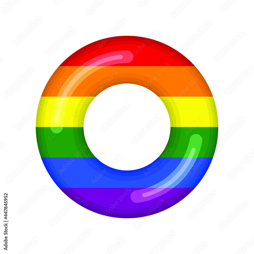 Inflatable swimming ring looking like LGBT flag isolated on white background, Rubber float pool lifesaver ring, buoy children beach summer sea water theme. Vector illustration icon. Inflatable swimming ring looking like LGBT flag isolated on white background, Rubber float pool lifesaver ring, buoy children beach summer sea water theme. Vector illustration icon.