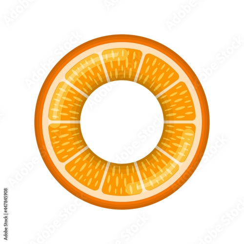 Inflatable swimming ring looking like citrus orange isolated on white background, Rubber float pool lifesaver ring, buoy children beach summer sea water theme. Vector illustration icon.
