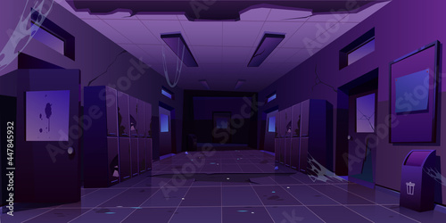 Abandoned school hallway interior, night corridor