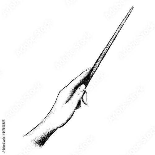 Hand holding a magic wand, black outline illustration isolated on white background, stock vector image, graphics, sketch, vintage