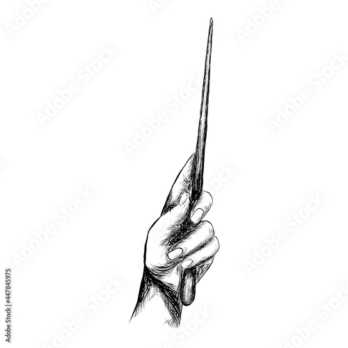 Hand holding a magic wand, black outline illustration isolated on white background, stock vector image, graphics, sketch, vintage