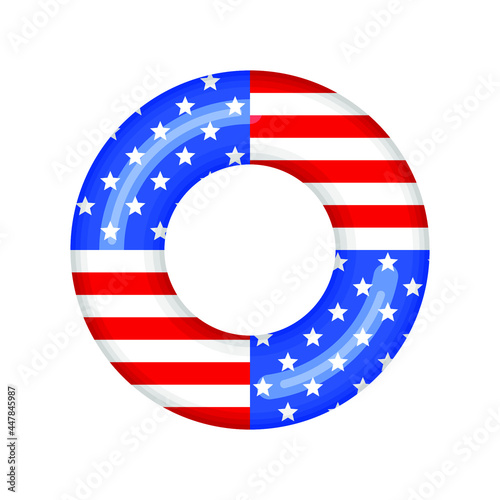 Inflatable swimming ring looking like USA flag isolated on white background, Rubber float pool lifesaver ring, buoy children beach summer sea water theme. Vector illustration icon.