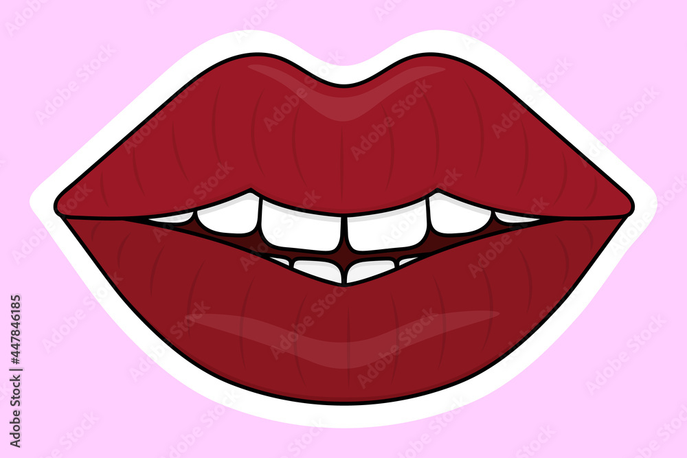 Smile on the lips. Sticker on a white backing. Seductive mouth. Colored vector illustration. Cartoon style. Isolated delicate background. Idea for web design, invitations, postcards, stickers. 