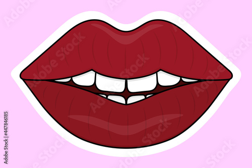 Smile on the lips. Sticker on a white backing. Seductive mouth. Colored vector illustration. Cartoon style. Isolated delicate background. Idea for web design, invitations, postcards, stickers. 