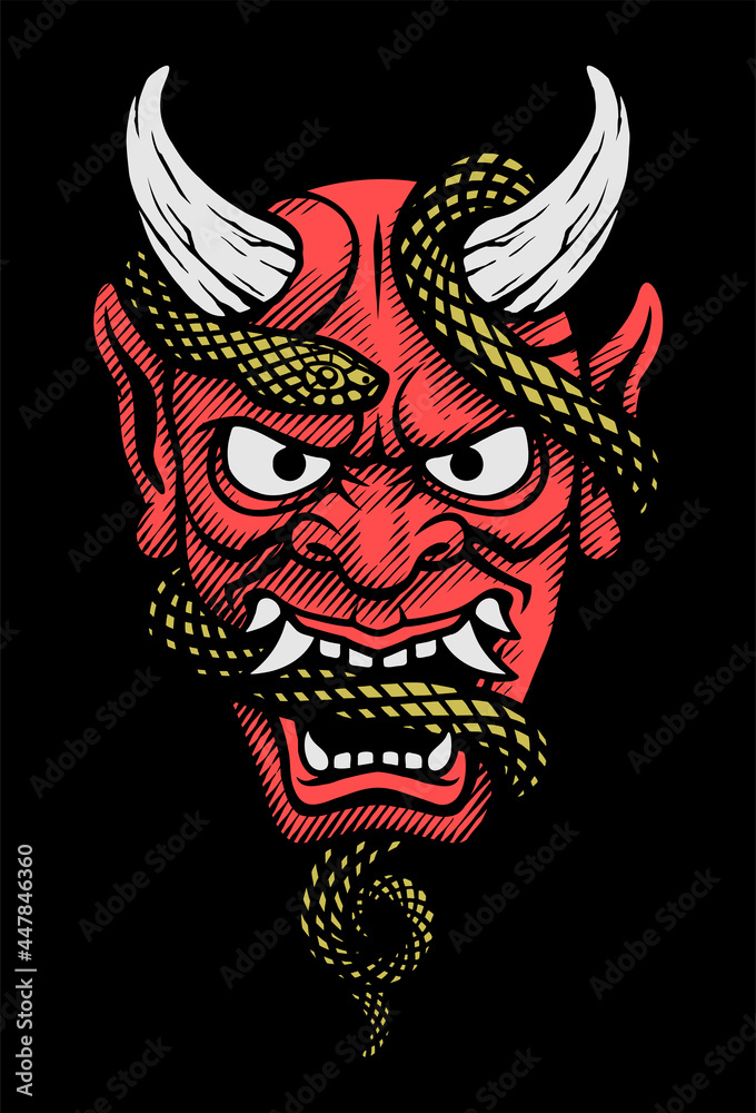Japanese mask of a demon with a snake on a dark background. Vector illustration.