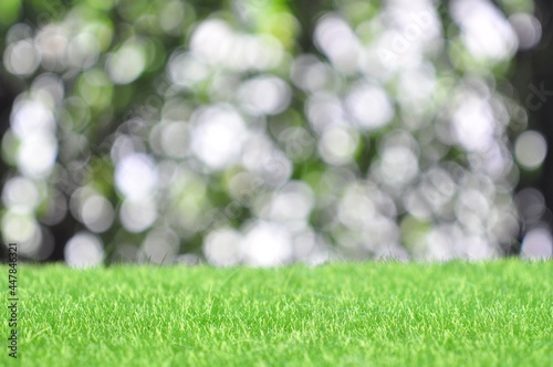 Green artificial grass on natural daylight bokeh blur background