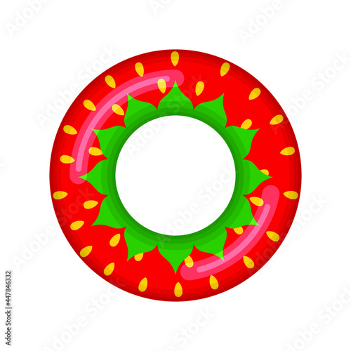 Inflatable swimming ring looking like strawberry isolated on white background, Rubber float pool lifesaver ring, buoy children beach summer sea water theme. Vector illustration icon.