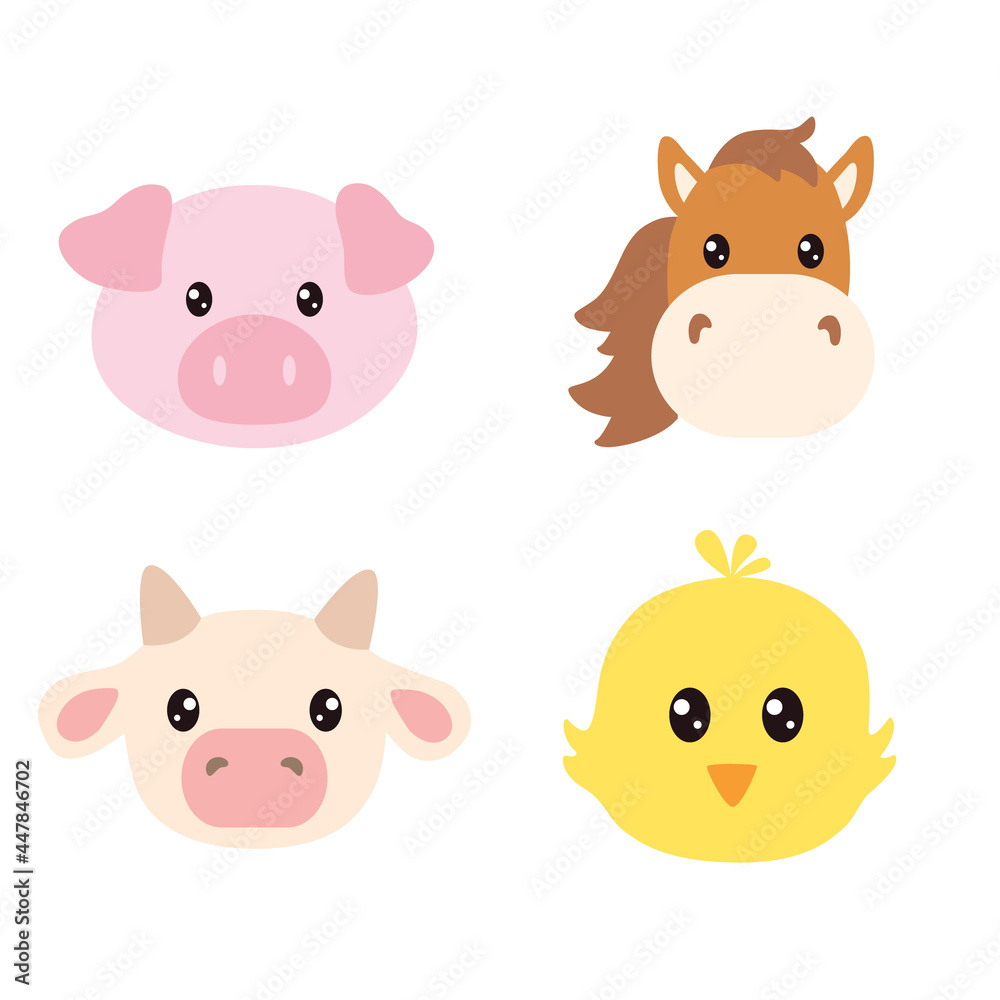 Set of cartoon cute farm animals faces isolated on white background. Cow, pig, horse and chick head for kids.