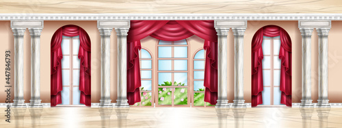 Vector rich palace interior, castle room background, luxury ballroom, marble floor, stone columns, arch. Royal baroque window entrance, architecture gallery hall, art museum. Classic palace interior