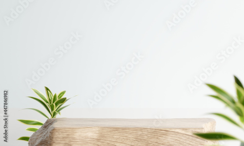 Wooden product display podium with blurred nature leaves background. 3D rendering	
 photo