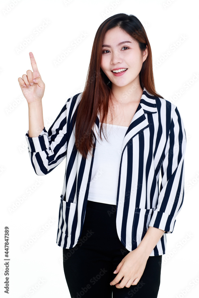 beautiful young healthy girl with black and white stripe suit on attractive cutout portrait standing with sadly doubt and finger up to point out one unsatisfied wrong choice beautiful young healthy girl with black and white stripe suit on attractive cutout portrait standing with sadly doubt and finger up to point out one unsatisfied wrong choice