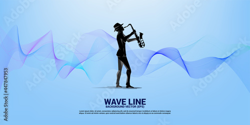 Vector saxophonist with wave from line. Concept background for jazz song and concert theme.