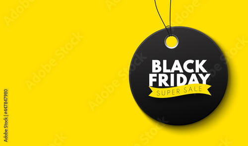 Black Friday Sale Banner with a black price tag isolated on yellow background. Vector advertising banner