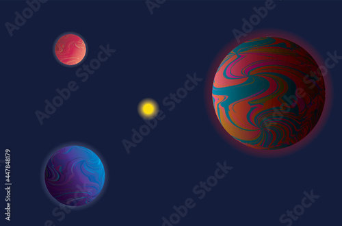 Planetary system. Abstract background. Colored spheres with a gradient and wavy strips