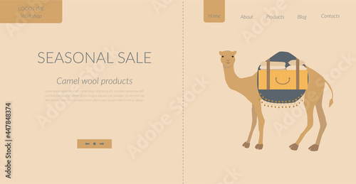 The Web page for wool and yarn craft online classes or online shop with a cute camel. A vector illustration of a cute camel with cargo on his hump.
