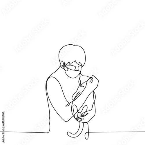 veterinarian in a mask holds a cat in his arms - one line drawing. the concept of treating cats, going to the veterinary clinic, volunteer at the cat shelter