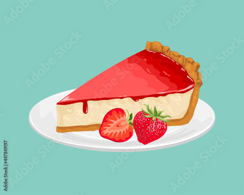 Strawberry cheesecake on a white plate isolated. Vector illustration of sweet milk berry cake in cartoon flat style.