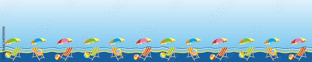 Group of parasol and beach balls, border, theme for a beach fabric fence against the wind, seamless, vector