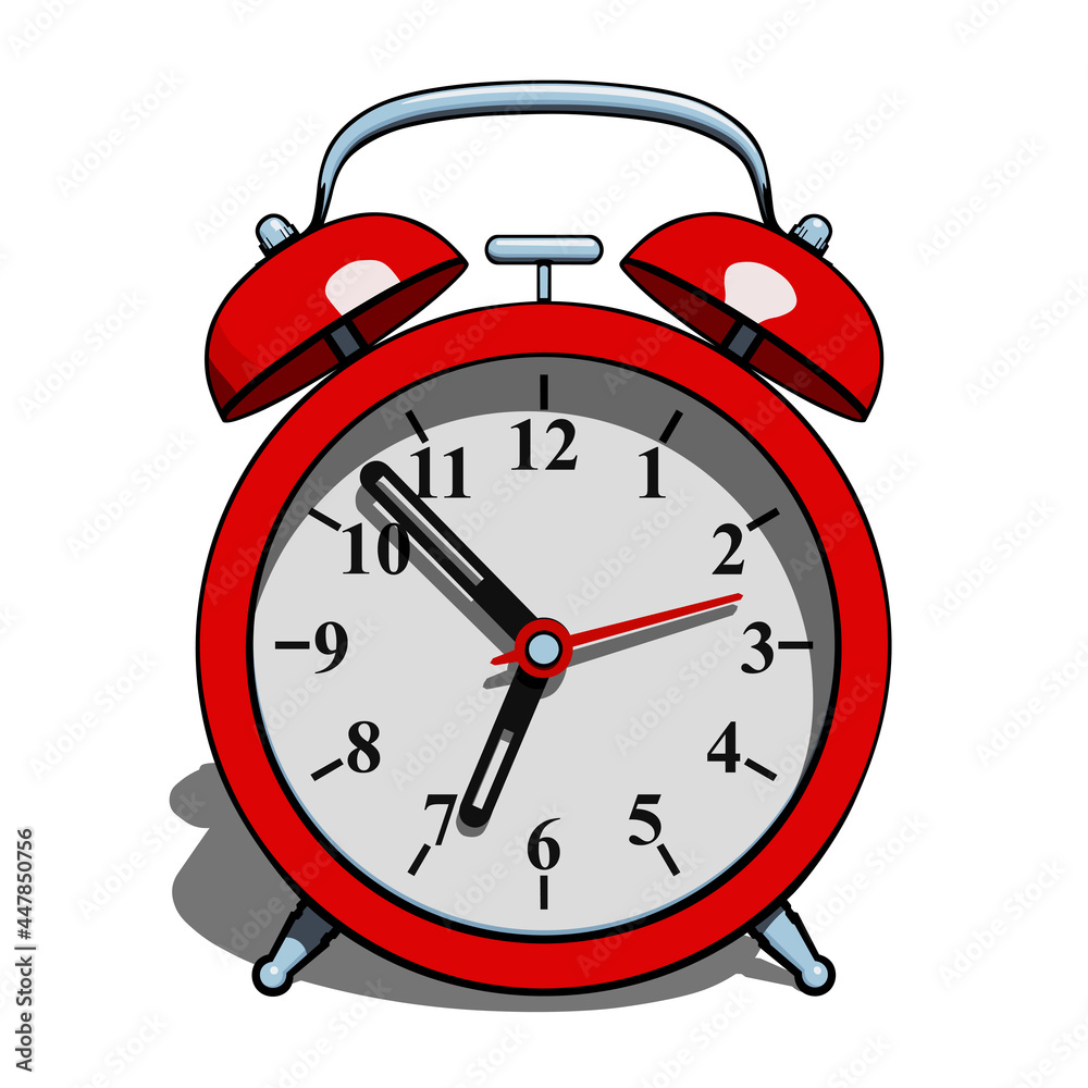Red classic alarm clock with shadow, front view. Vector illustration isolated on white background Red classic alarm clock with shadow, front view. Vector illustration isolated on white background
